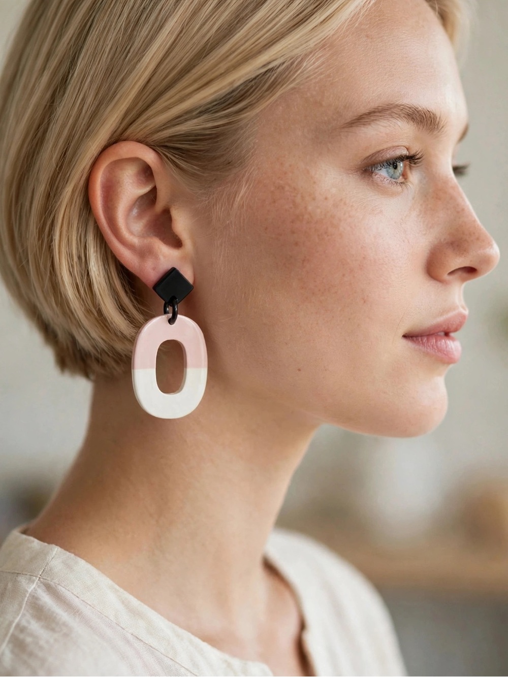 New Blush Pink White Black Horn Hoop Dangle Earrings S925 Silver Posts E097